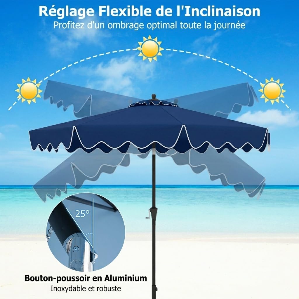GOPLUS Parasol de Jardin Exterieur, 2,8M Parasol Inclinable 25° avec Manivelle, Toile Protection UV, 8 Baleines, Double Toit, pour Balcon Terrasse Patio, Base Non Incluse (Bleu)