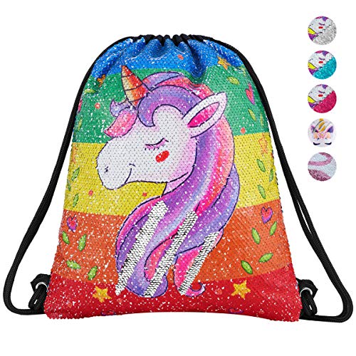 SEGORTS Unicorn Gift Unicorn Drawstring Backpack Mermaid Sequin Bags Reversible Glitter Backpack Flip Sequin Shoulder Bag Birthday Gift for Girls Daughter Kids