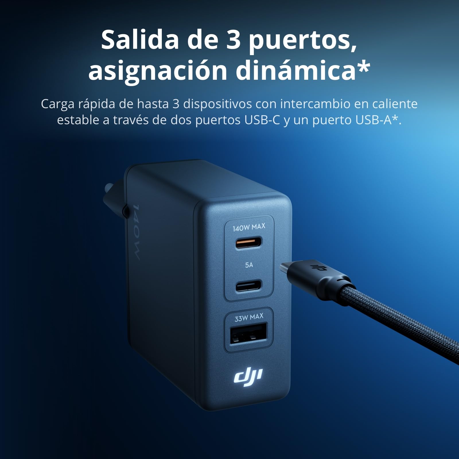 Pack de Carga GAN de 140 W DJI Power con Cable 7 A con Pantalla (1 m) | Salida de 140 W, 3 puertos, control inteligente de temperatura, carga rápida, PD 3.1, cargador para ordenador portátil