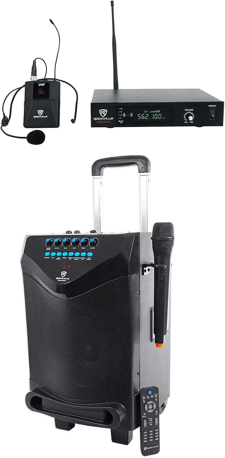Rockville PA Bundle: ROCKnGo 8" Portable Rechargeable Speaker with Bluetooth & Wireless Mic, RWM61U UHF Wireless Headset & Guitar Mic System, 2-Items