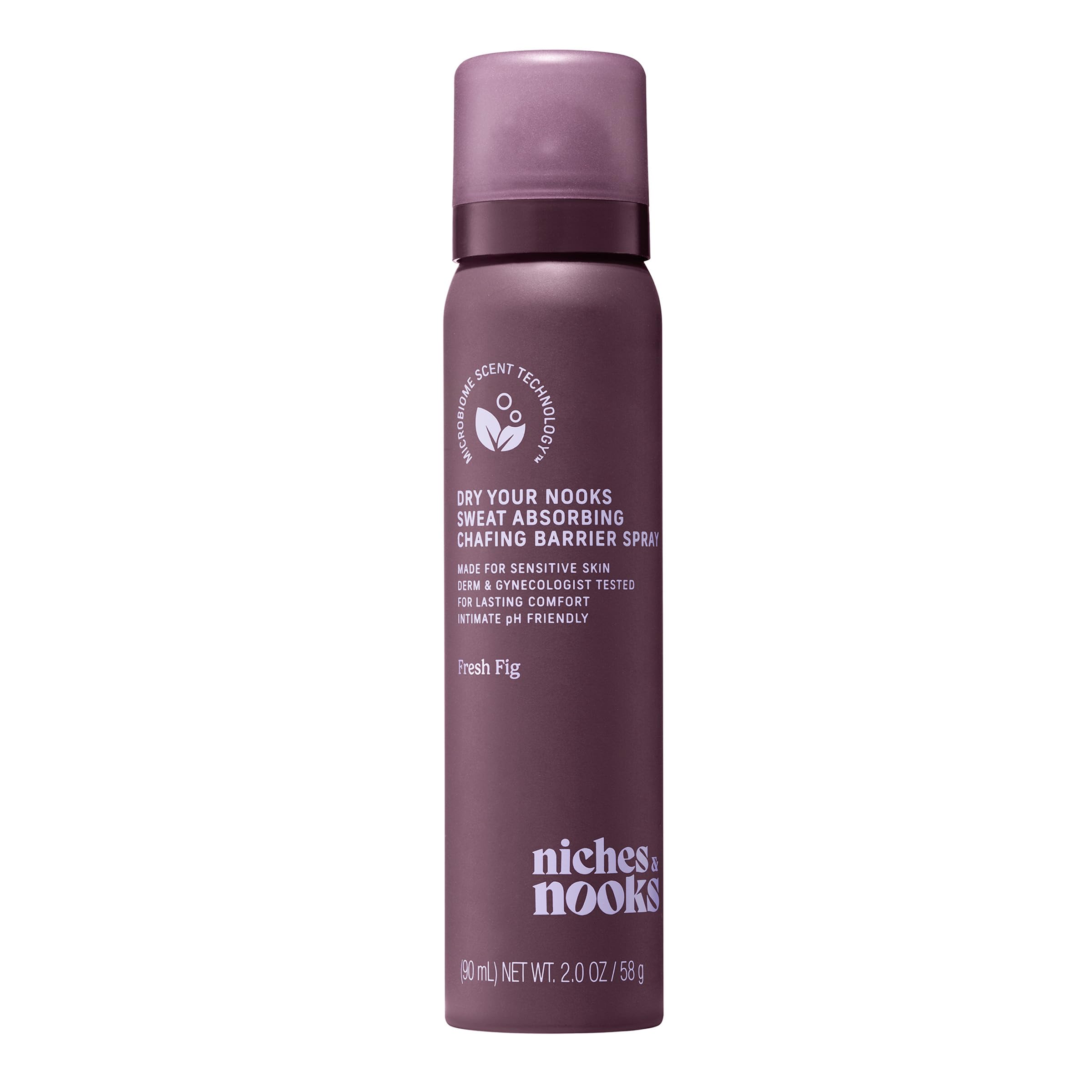 Niches & Nooks Sweat Absorbing Anti Chafing Barrier Body Spray for Women - Fresh Fig - Intimate pH Balanced Feminine Spray Relief For Thighs & Skin - Travel Size - Vegan + Phthalate Free - 2oz