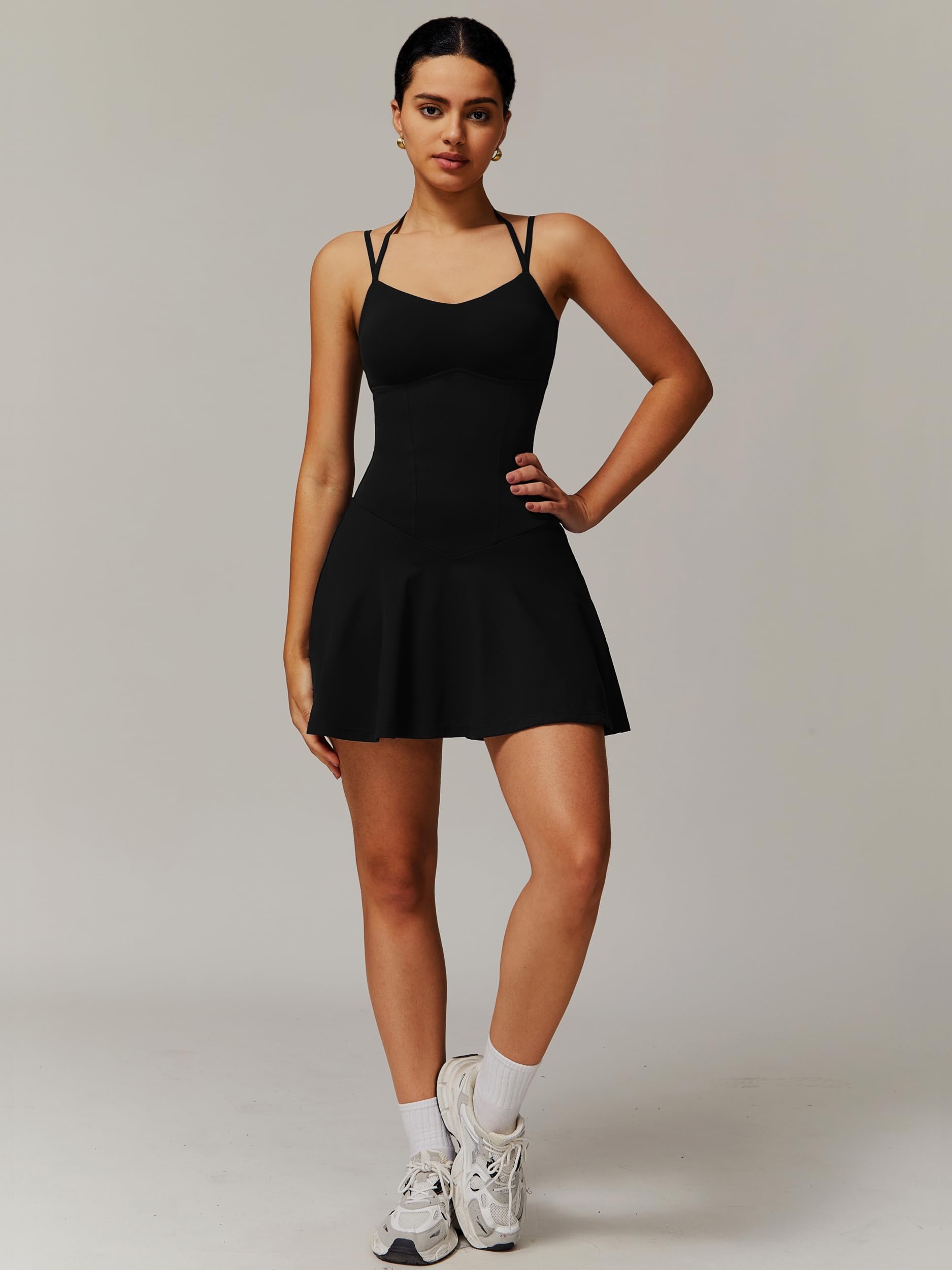 OMEWEE Damen-Tenniskleid mit Shorts und integriertem BH, Herzausschnitt, ärmellos, Golfkleid, Sportkleid, Sportkleider mit Taschen