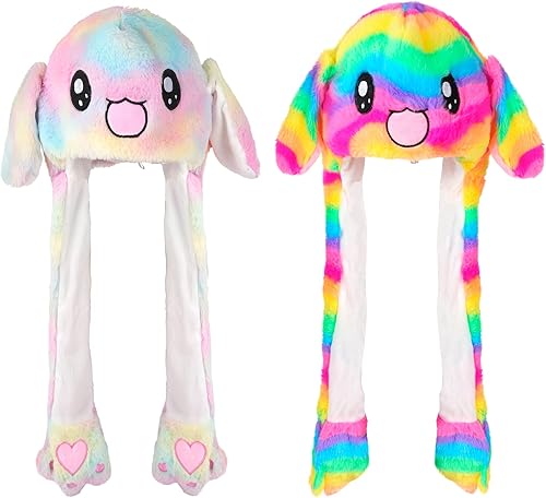 FANNUOYI Paquete de 2 sombreros de conejo con orejas de salto en movimiento, divertidos sombreros de conejo unisex, orejeras movibles para