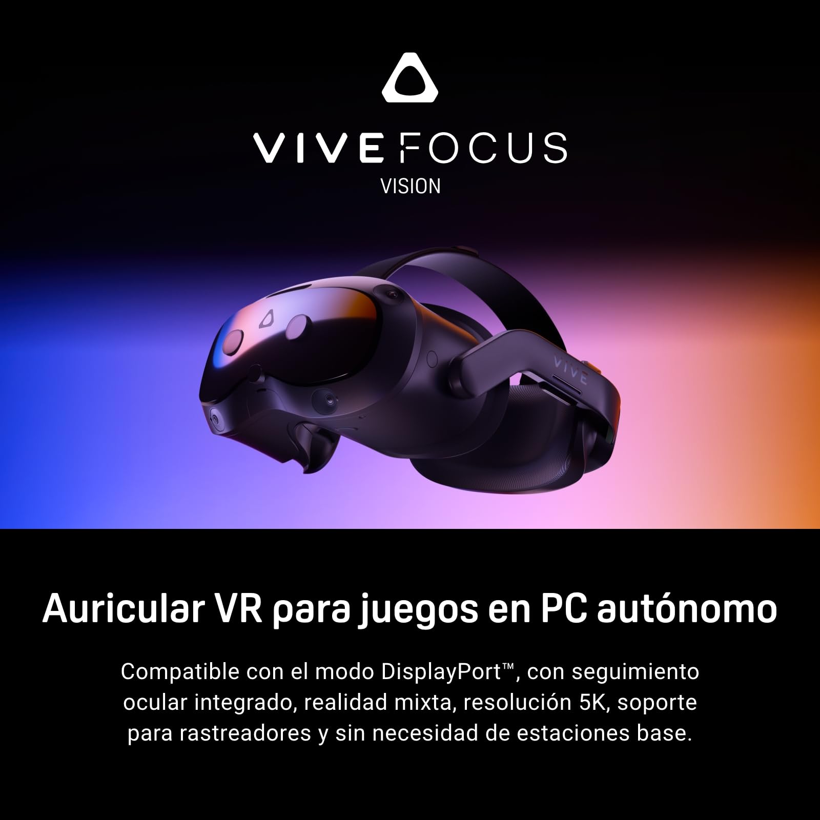 HTC Vive Focus Vision: Auriculares VR para PC y Realidad Mixta + Controladores, Negro, Compatible con el Modo DisplayPort, Compatible con Ordenador Personal, Vive OS