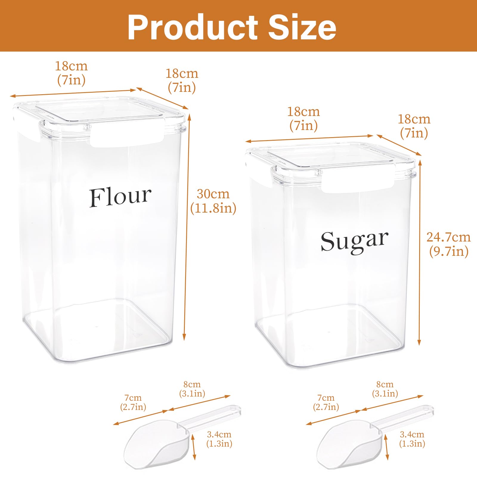 Juego de 2 tarros grandes de almacenamiento de alimentos de 4 L, recipientes herméticos con tapas, color blanco con cuchara gratis, recipientes de cocina para azúcar, harina, café,