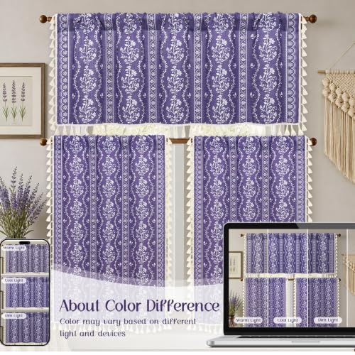 Image of Yinhua Boho Valance Curtains Vintage Linen Kitchen Valances for Windows Light Filtering Bohemian Floral Valance Rod Pocket Tassel Window Valances for Bathroom Cafe, 52 inch W X 18 inch L, Purple