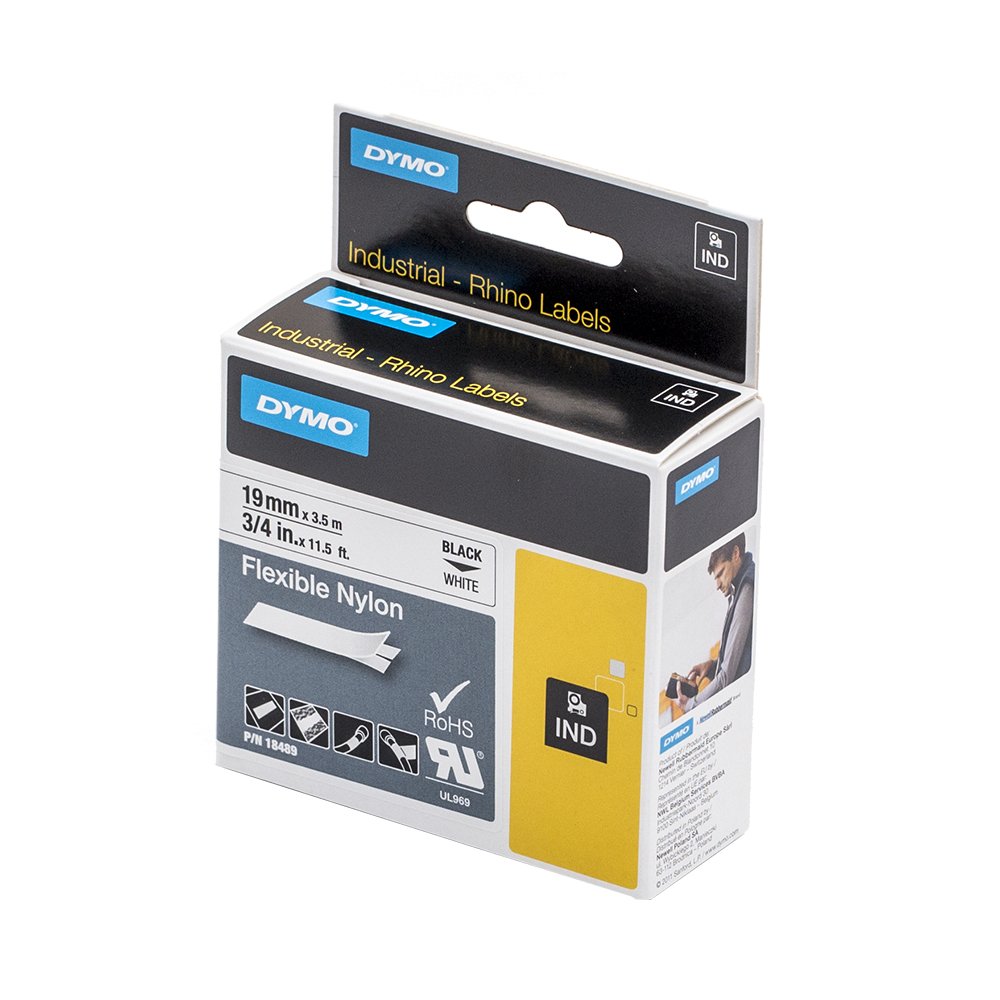 5 x Dymo 18489 Rhino Industrie Flexible Nylon Etiketten, selbstklebend, 19 mm x 3,5 m Rolle, schwarz Druck auf weiß + Papermate Kugelschreiber Geschenk