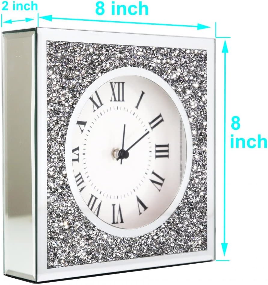 ALLARTONLY Desk Clock Wall Clock 8x8x2Inch Crushed Diamond Mirrored Clock Table Top Decorative Clock for Home Decoration. AA Battery not Included