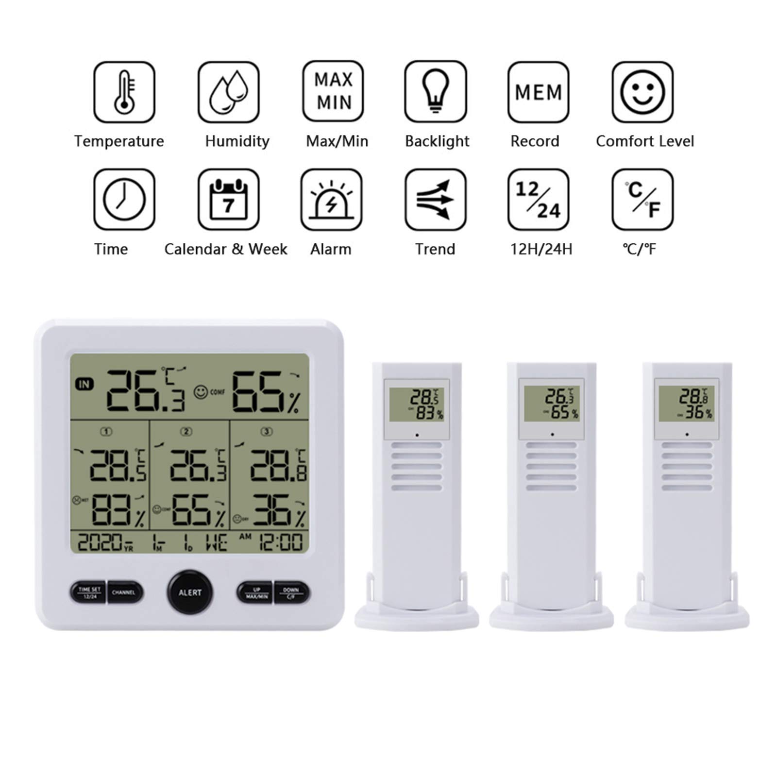 Termohigrómetro digital inalámbrico para interiores y exteriores con 3 sensores remotos, retroiluminación de 30 m y función de calibración de alarma, monitor de temperatura y humedad con 3
