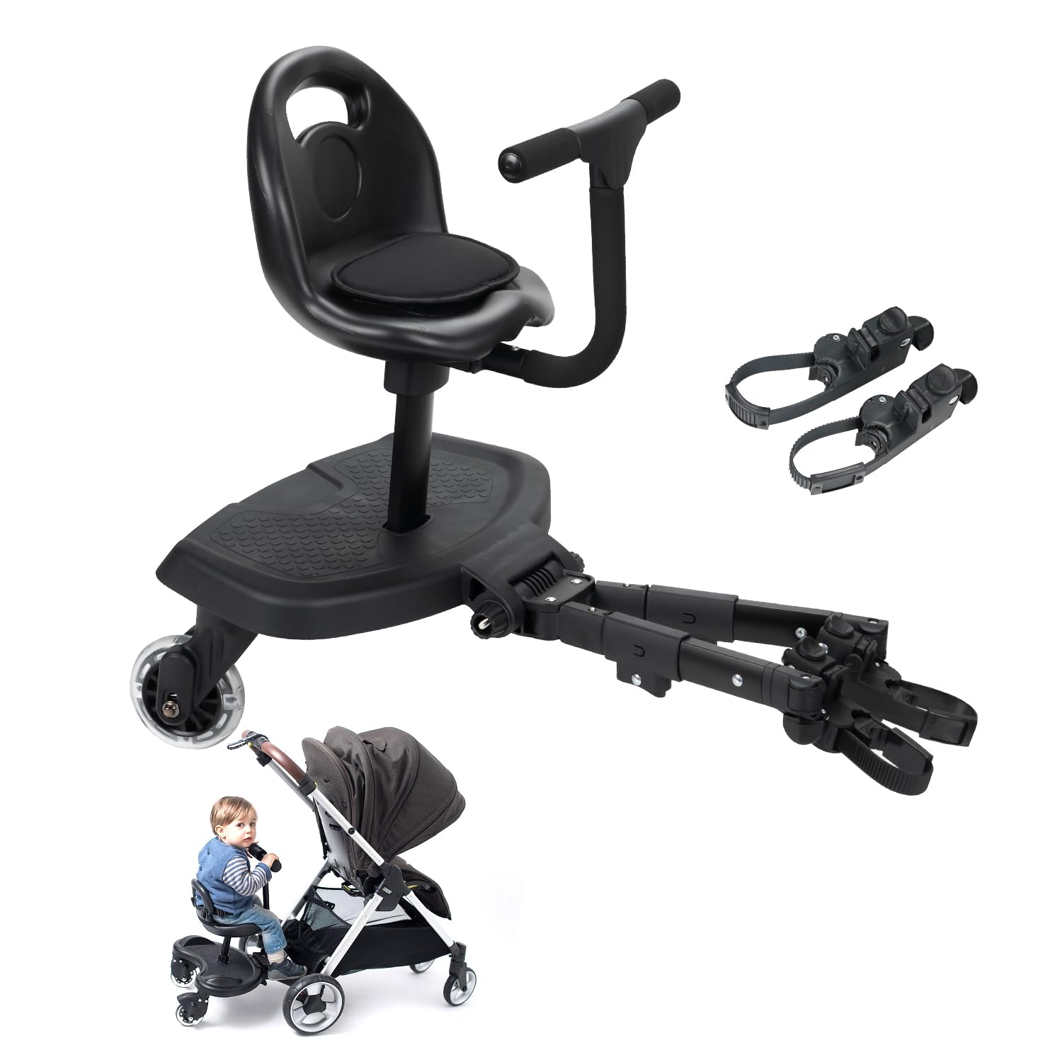 Universal 2-in-1 Stroller Board，Child Rider Stroller Attachment with Saddle Seat and Standing Platform ，Quick and Easy to Use, Safety Design 2025