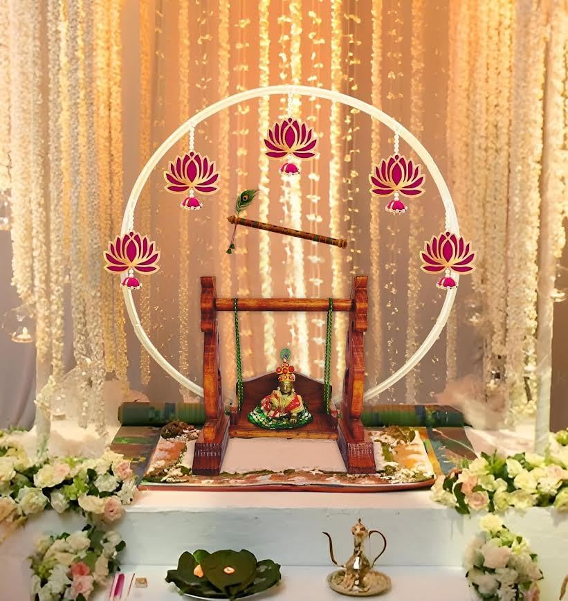 Image of SpecialYou Ganpati Decoration Setup for Home with White Round Backdrop Stand for Decor with Lotus Hangings | Ganpati Decoration Stand for Home | Ganapati Decorations Item- 6 pcs