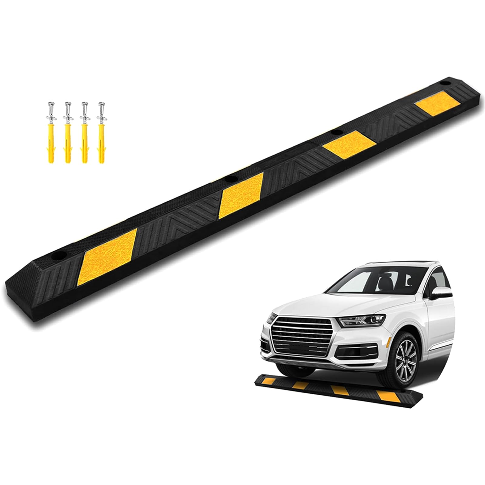 Flynsu 72" Rubber Parking Curb, Heavy Duty Parking Lot Stopper, Garage Floor Stopper, Wheel Stopper with Hi-Vis Yellow Reflective Stripe, for Car