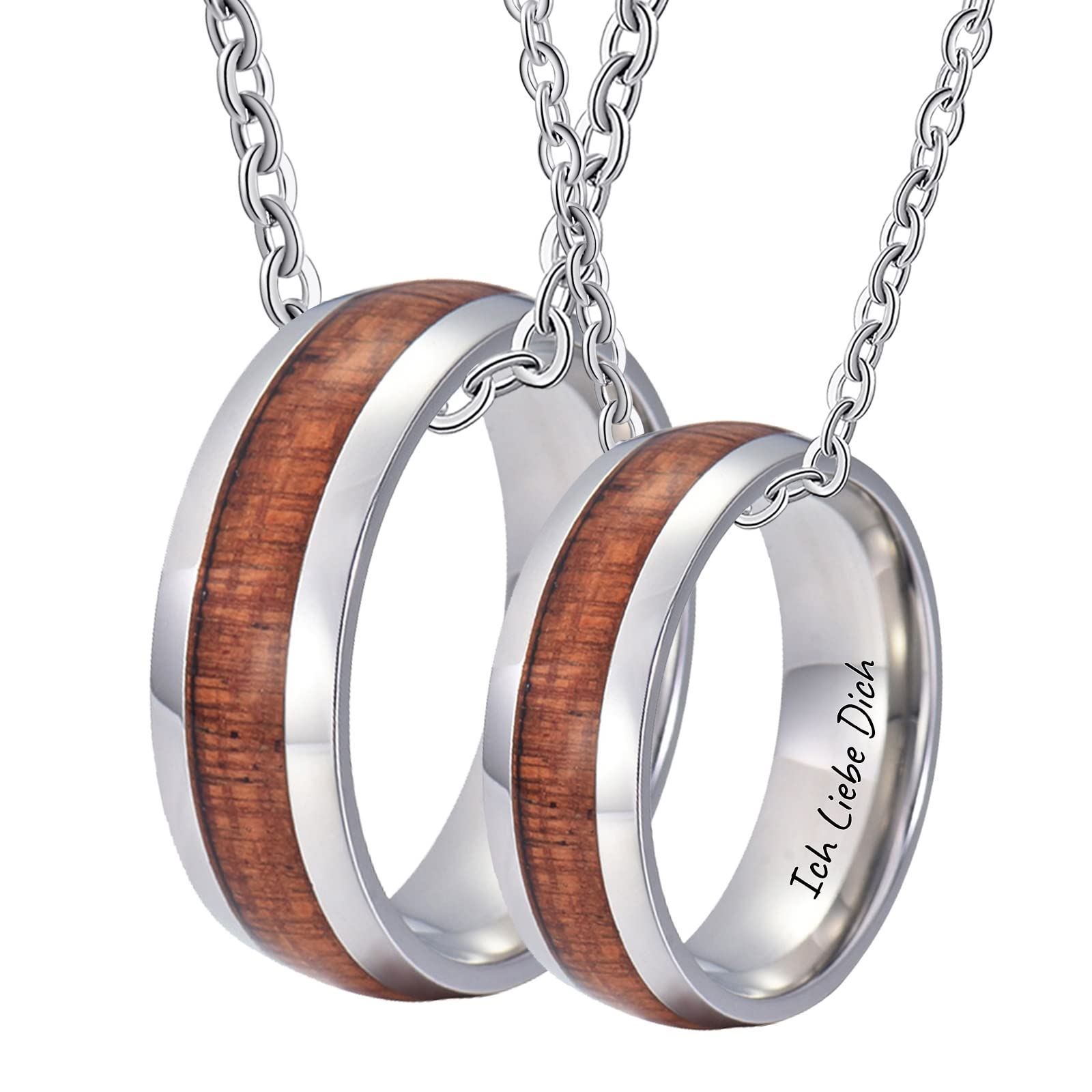 AMDXD Partner Kette Wolfram mit Gravur Ich Liebe Dich, Holz Partner Ketten Ringe 2 Stück mit Ringe Anhänger, Silber für Frauen Männer, Breite 8MM Länge 60cm/ 50cm