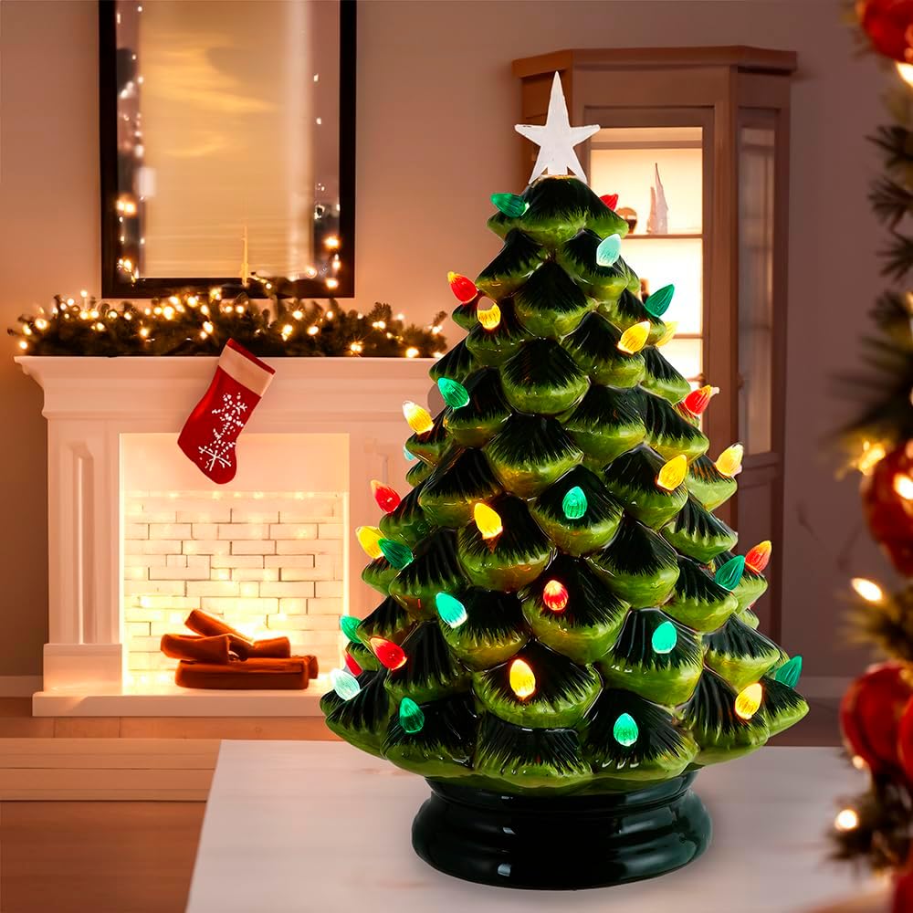 Kurt Adler 14-inch Battery Operated LED Lighted Ceramic Green Tree Table Piece