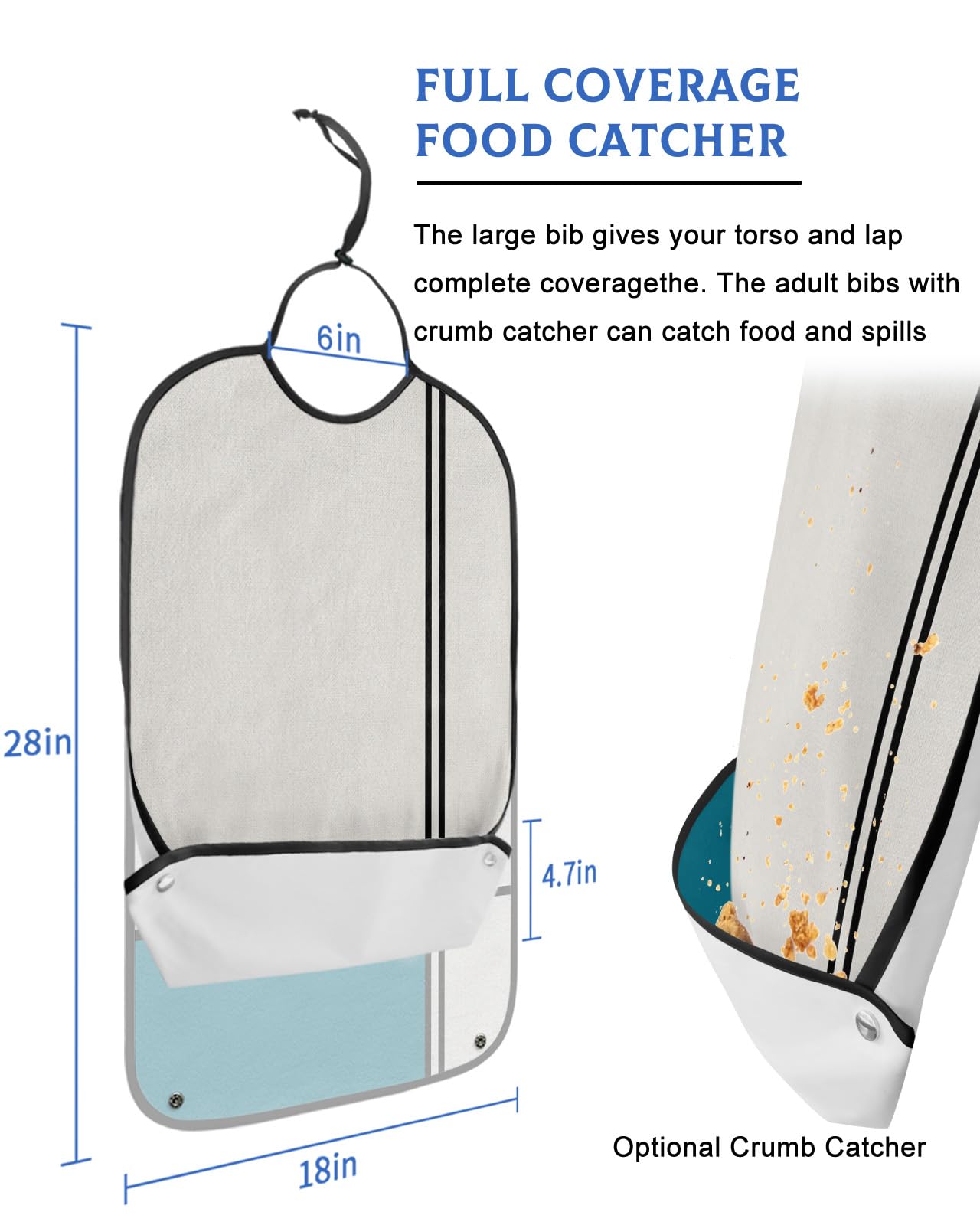 Turquoise Adult Bib for Adults Men, Women, Washable & Adjustable Terry Cloth Bib with Crumb Catcher Reusable Waterproof Clothing Clothes Protector Apron Geometric Patchwork Modern Abstract Stripes Art