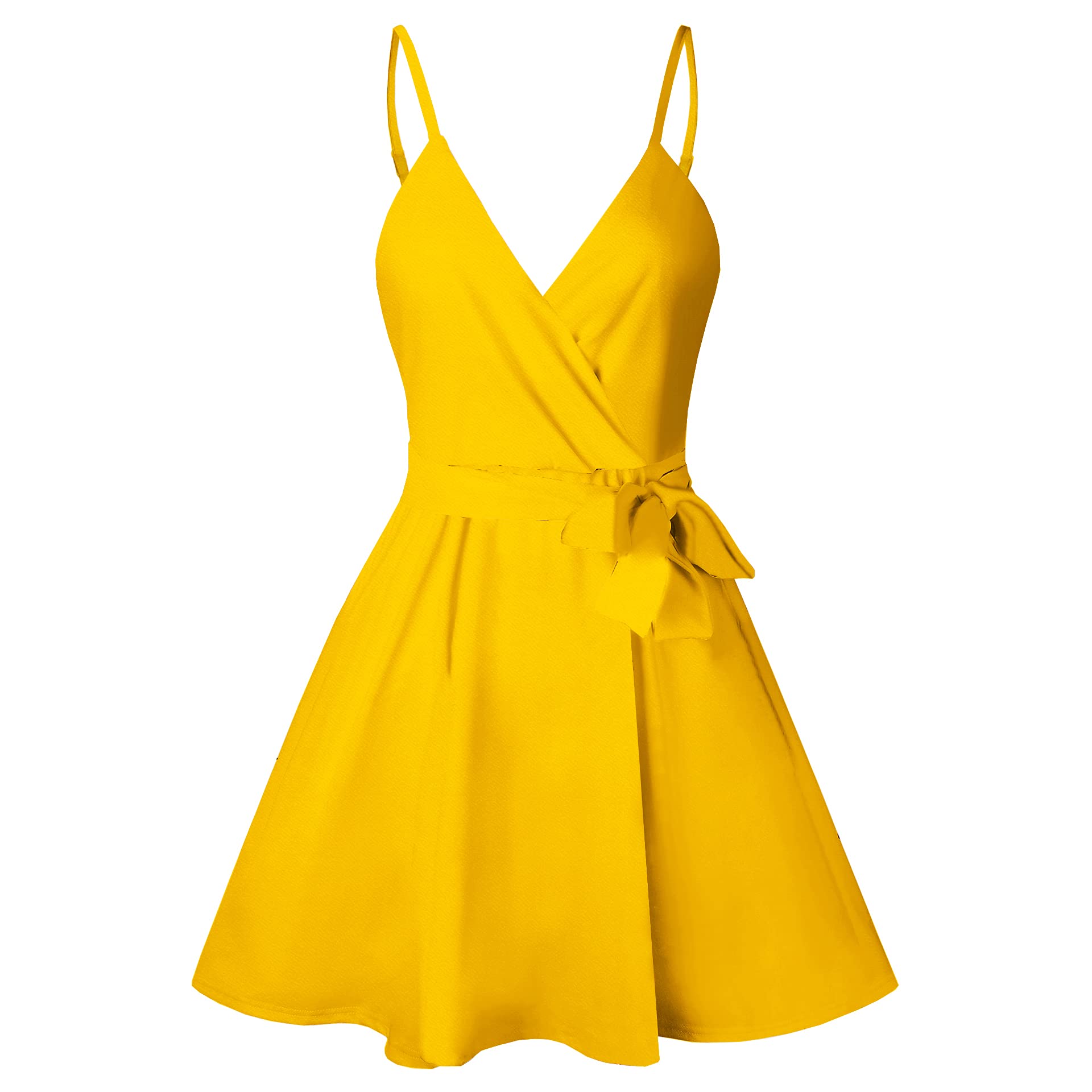 CASURESS Women Dress Summer V Neck Mini Floral Print Swing Dress Sleeveless Spaghetti Strap Skater Dresses with Belt: X-Large Yellow