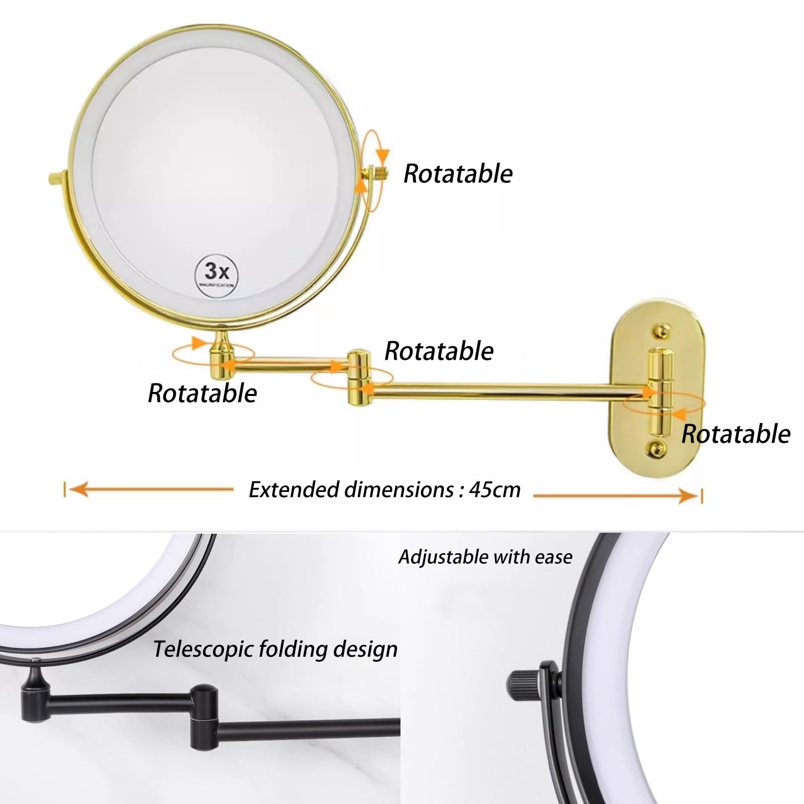 Specchio Per Trucco Illuminato A Parete Ricaricabile, Specchio Cosmetico LED Bifacciale Da 8 Pollici Ingrandimento 1X/3X, Touch Screen A 3 Luci Colorate Dimmerabile(Noir)