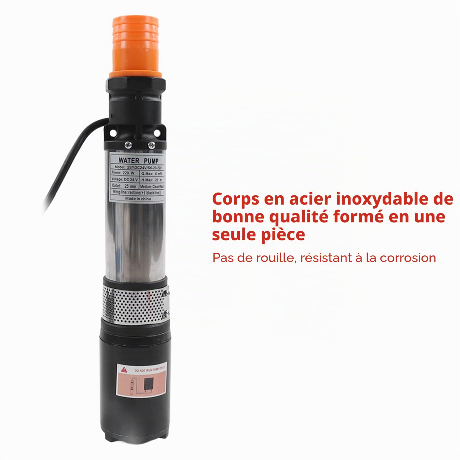 Pompe Solaire DC, Pompe Submersible 24 VDC, Pompe Immergée de 20 M de Tête, Pompe de Surpression avec 3 Buses pour Drainer L'Eau, Pompes à Eau de Bassin