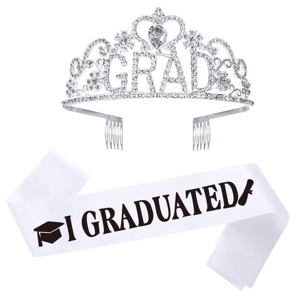 Topfunyy Suministros de fiesta de graduación 2024, tiara plateada de corona de graduación de princesa y banda blanca para niñas, estudiantes universitarios para decoraciones de fiesta de graduación