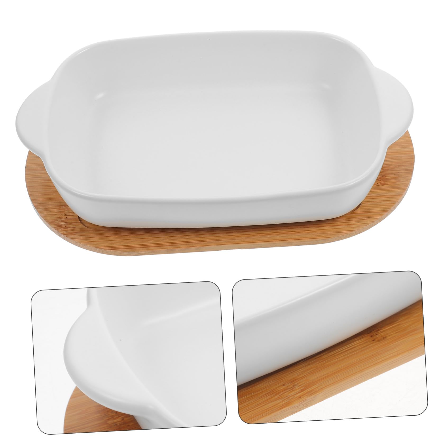 Cabilock Plat à Four Céramique à Double Poignée Plat de Cuisson avec Base Bois Saladier Décoratif pour Salade et Fromage