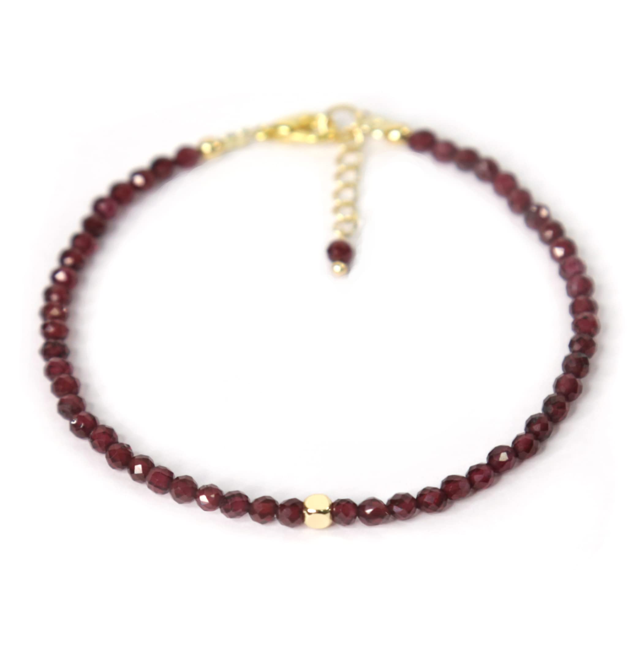 Natural Gamet Beads Bracelet for Women Girls, 3 mm Faceted Round Beads, Handmade Jewelry 14k Plated 7 + 1 Inch Adjustable Chain Natural crystal bracelet