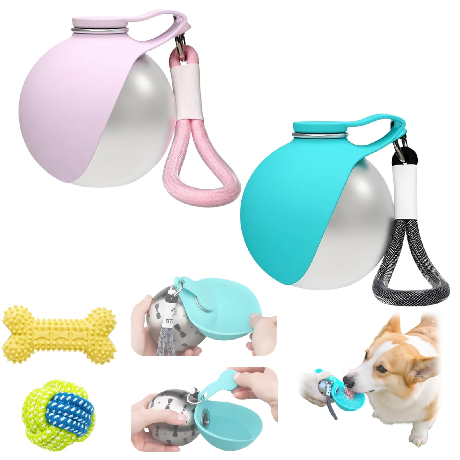 Borraccia Cane, Bottiglia Portatile (285 Ml), Per Cani E Gatti, Distributore D'Acqua Anti-Goccia Con Ciotola Pieghevole In Silicone, Ideale Per Passeggiate Ed Escursioni All'Aperto (blu e rosa(2PCS))