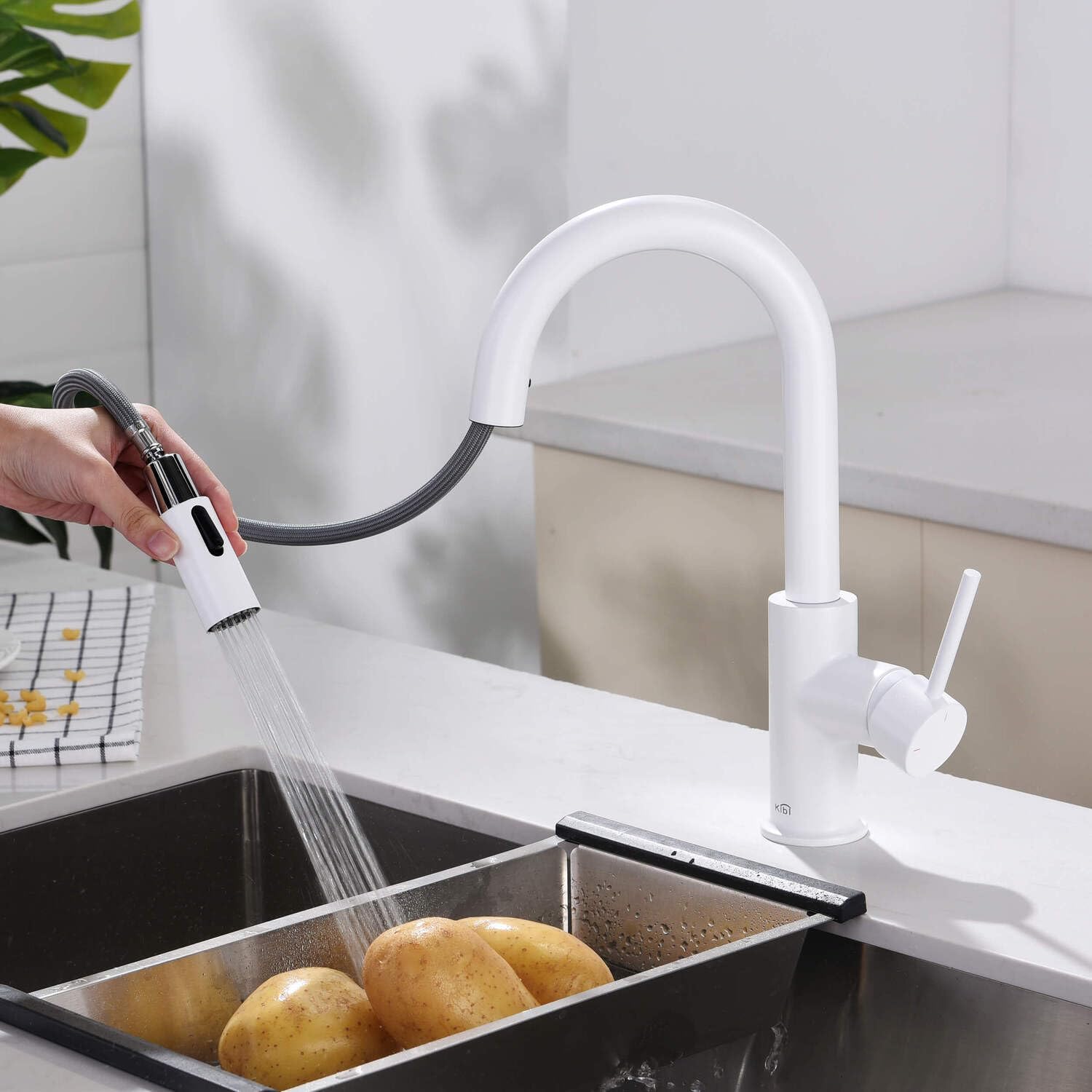 KIBI Pull Down Single Handle Kitchen Faucet | Solid Brass High Arc Spout | Kitchen Sink Faucet with Pull Down Sprayer | Easy Clean (Matte White, KKF2011)