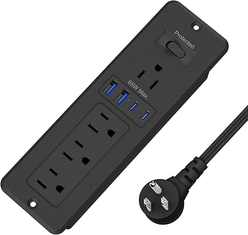 Regleta de alimentación empotrable USB C de 65 W, 4 salidas de CA y 2 USB-C PD + 2 USB-A QC, estación de carga oculta de montaje empotrado para