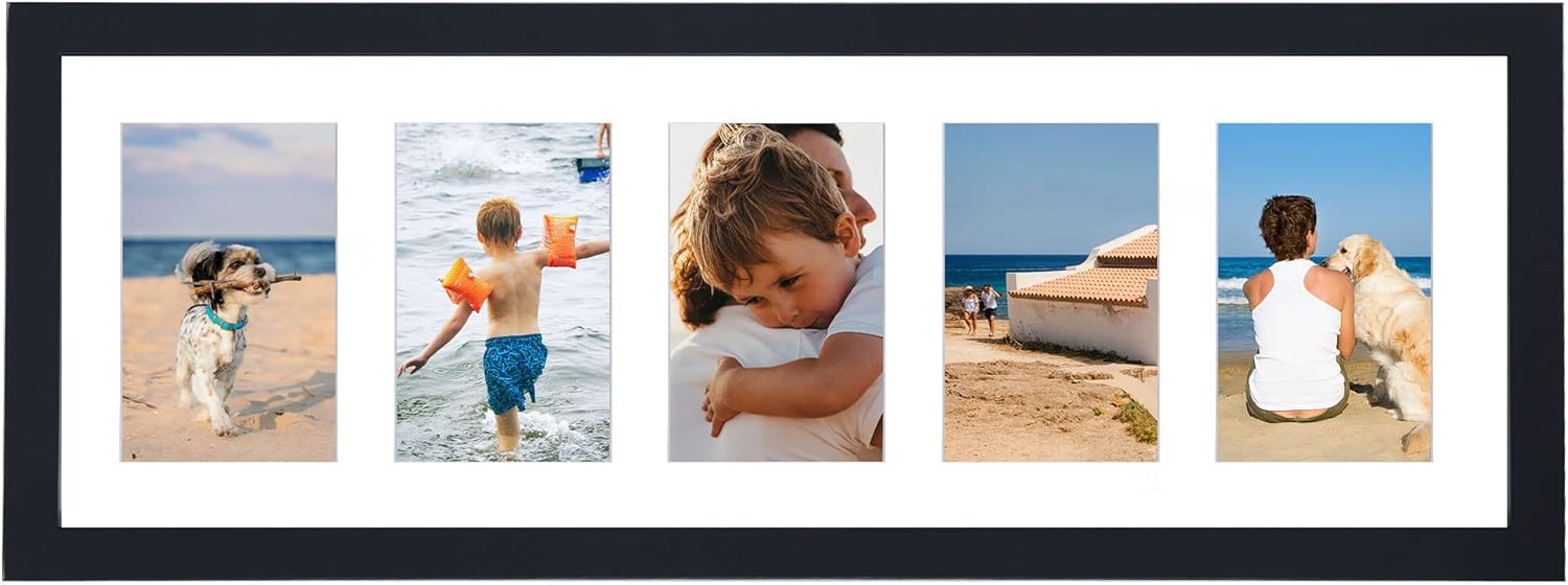 8x24 Black Collage Picture Frames with 5 Openings, Display Multiple Five 4x6 Photos or 8x24 without Mat, Wood Collage Frame Covered by Plexiglass Wall Mounting Horizontal or Vertical Black 8x24 with Five 4x6 Openings
