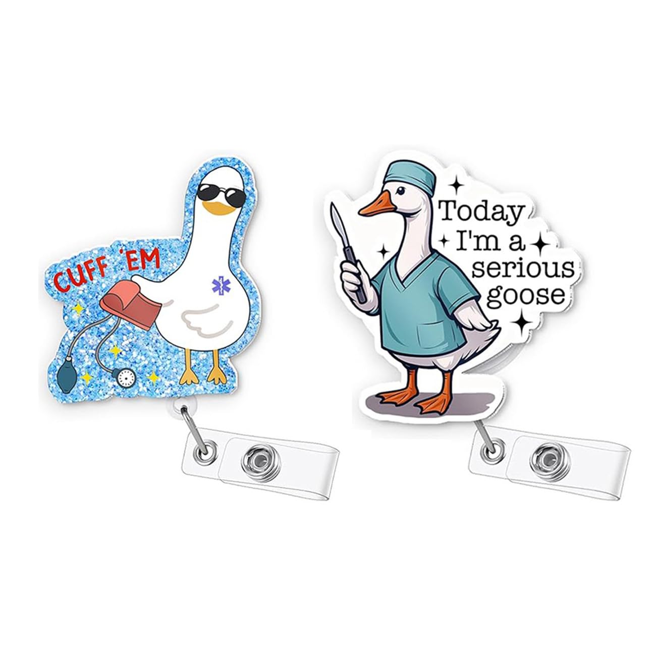 Gaodercha 2Pcs Cute Silly Goose Badge Reel 2 Styles Nurse Badge Reel Retractable ID Holder with Alligator Clip Nurses Week Appreciation Gifts for Medical Professionals