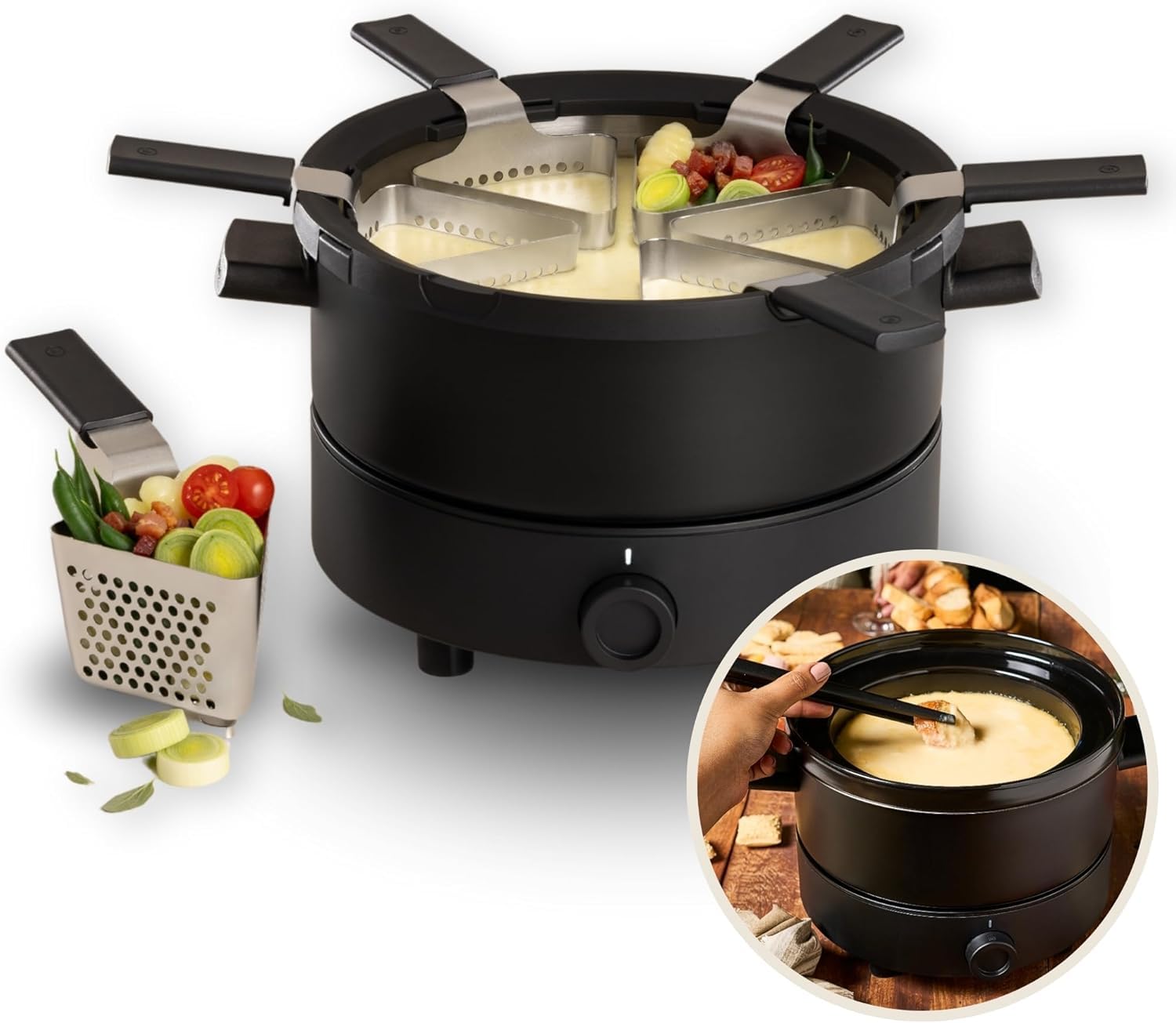 Fondussimo Appareil à Fondue Électrique Evolution 3-en-1 – Service à Fondue avec Caquelon INOX 3 L + Bol Céramique Bain-Marie – 6 Paniers & 6 Pinces – Température Réglable – 4 à 6 Personnes