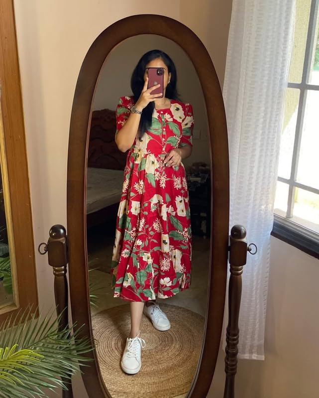 Image of Floral Midi Dress for Women - Summer Boho Dress, Lightweight & Breathable, Elegant Floral Print, Casual & Vacation Outfit, Comfortable Flowy Dress for Women