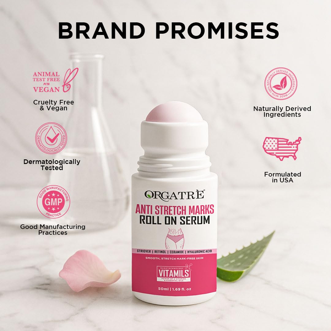 Orgatre Anti Stretch Marks Roll On Serum for Women With Striover | Retinol, Ceramide & Hyaluronic Acid | Lightweight & Non-Greasy | Reduces Stretch Marks & Boosts Elasticity | Safe for Pregnancy | 50ml - Image 8 thumbnail