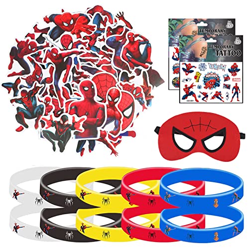 Runup Spiderman Party Favors, 63 Pièces Décoration de Fête d'anniversaire, Cadeaux pour Enfants Spiderman, 10 Pièces Bracelets en Silicone, 50 Pièces Autocollants, 2 Pièces Tatouages et Masque Cover