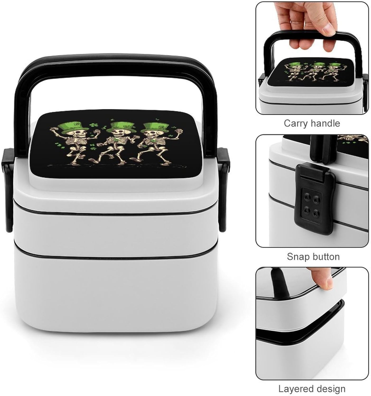Skeletons St. Patrick'sday Shamrock Clover Bento Box with Spoon 2 Layer Food Container Cute Lunch Box for Travel Dining Work