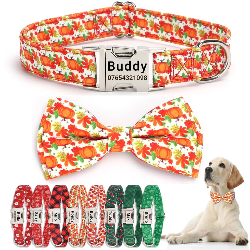 SEOUGEE Fall Dog Collar Personalised with Bowtie, Adjustable Soft Cotton Thanksgiving Halloween Dog Collars with Engraved Metal Buckle Name Phone Number for Medium Dogs (Pumpkin, M:Neck 35-50cm) — image 1