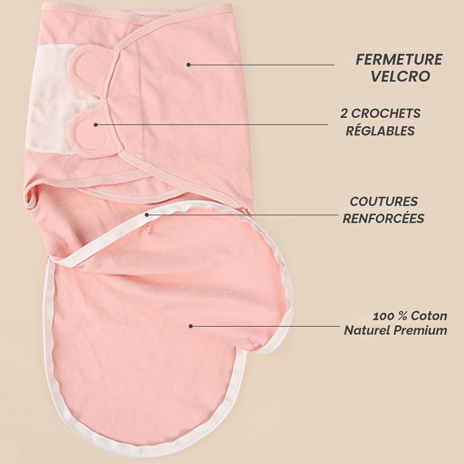 1 gigoteuse pour bébé avec 1 bonnet rose, gigoteuse d'emmaillotage, gigoteuse pour bébé de 0 à 6 mois, couverture d'emmaillotage pour nouveau-né