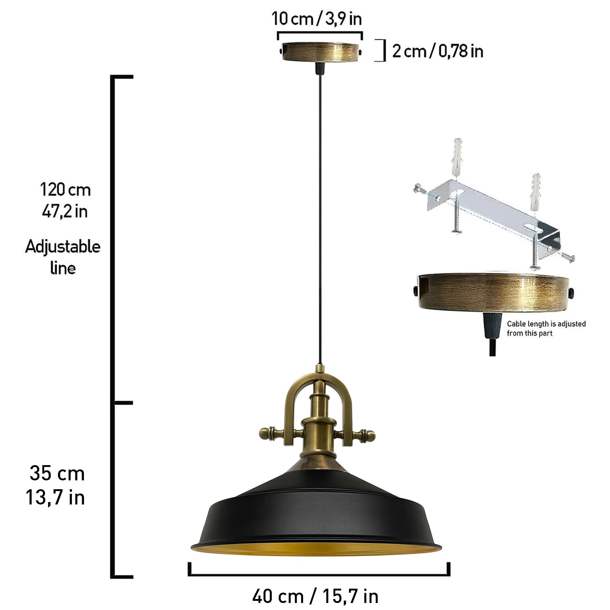 Bamyum Suspension industrielle noire 40 cm Salon, salle à manger, cuisine, style vintage