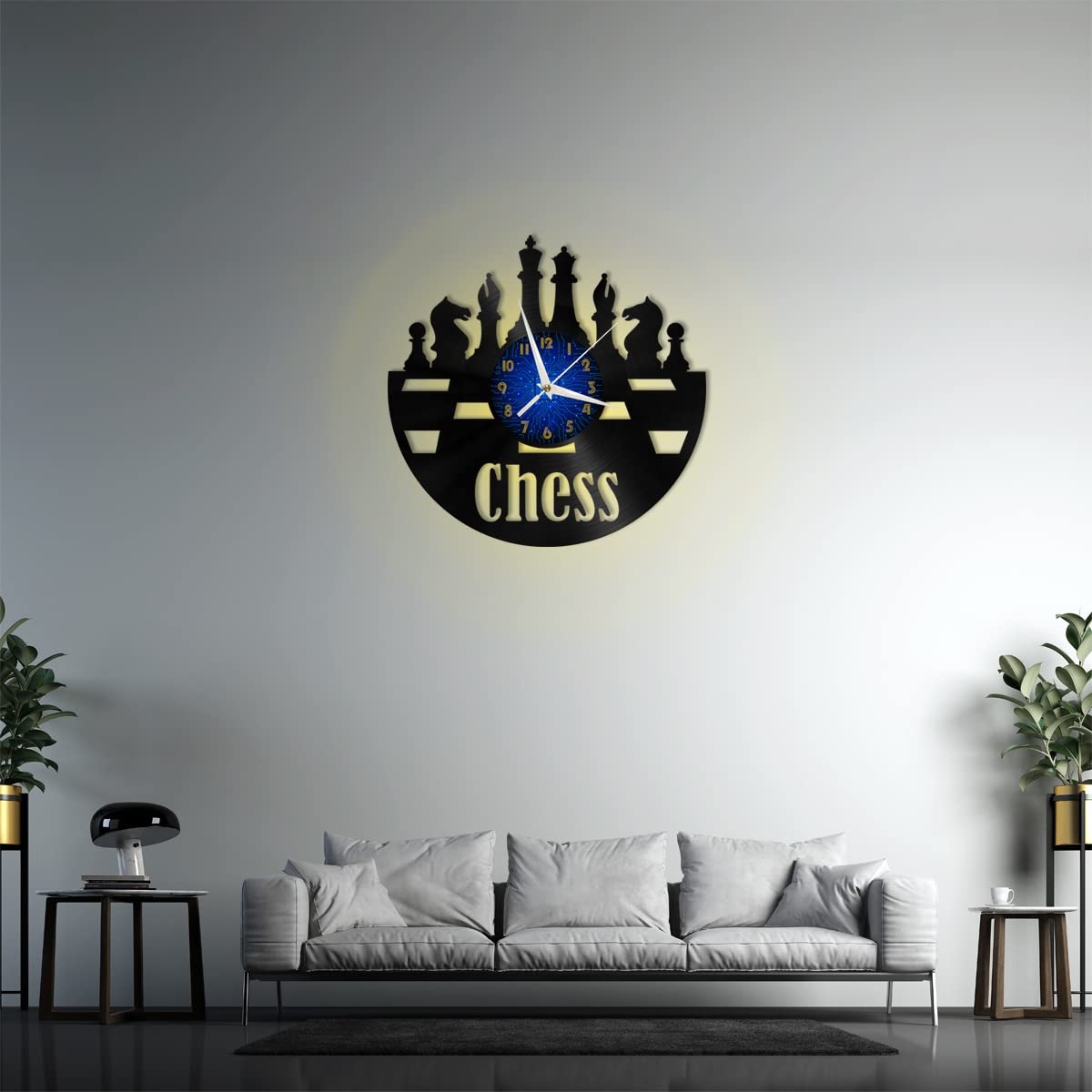 XDGC International Horloge Murale en Vinyle d'échecs, Vinyle Horloge Murale Art Noir 12 Pouces pour Salon Chambre Cadeau Créatif (12 Pouces B avec LED)