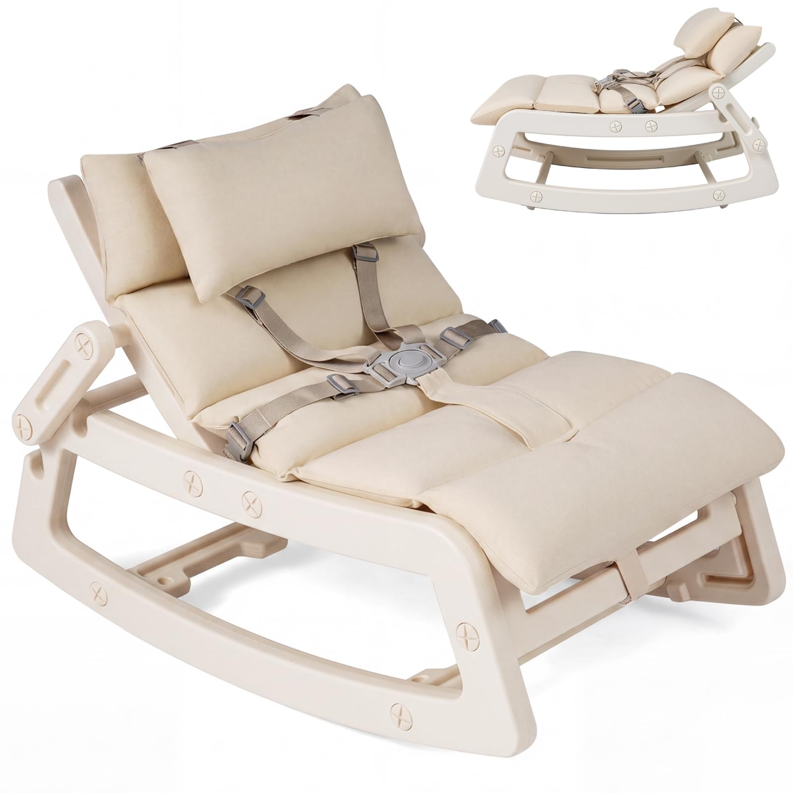 GYMAX Kids Rocking Chair, Children Recliner with Adjustable Backrest, Safety Harness and Removable Washable Cushion, Outdoor Indoor Toddler Chair for 6+ Months Old Boys Girls (Beige)