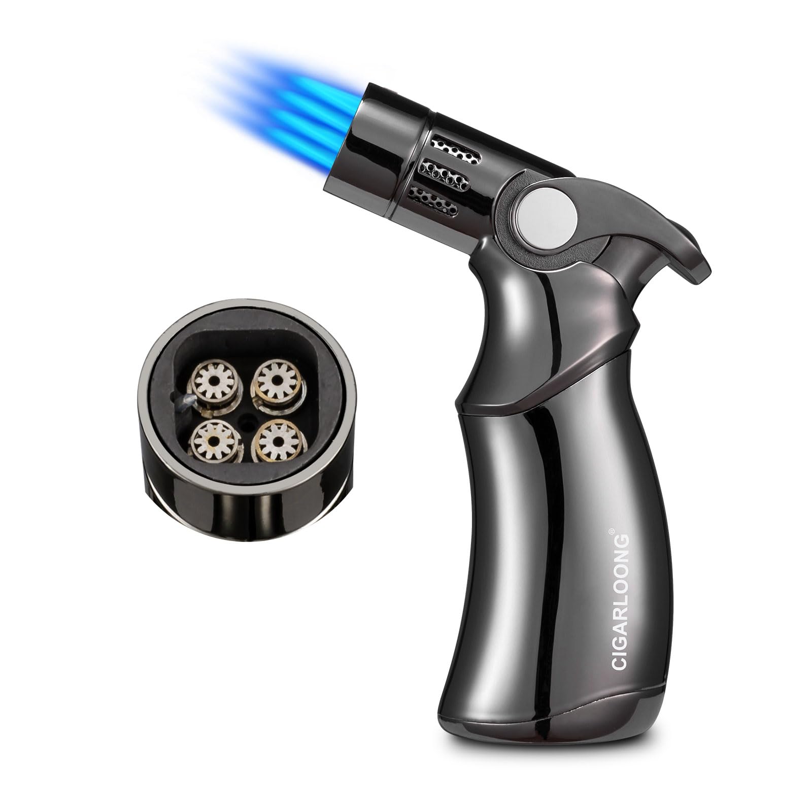 CIGARLOONG Cigar Lighter Windproof 4 Jet Butane Refillable Lighter with Gift Box,Grey(Without Gas)