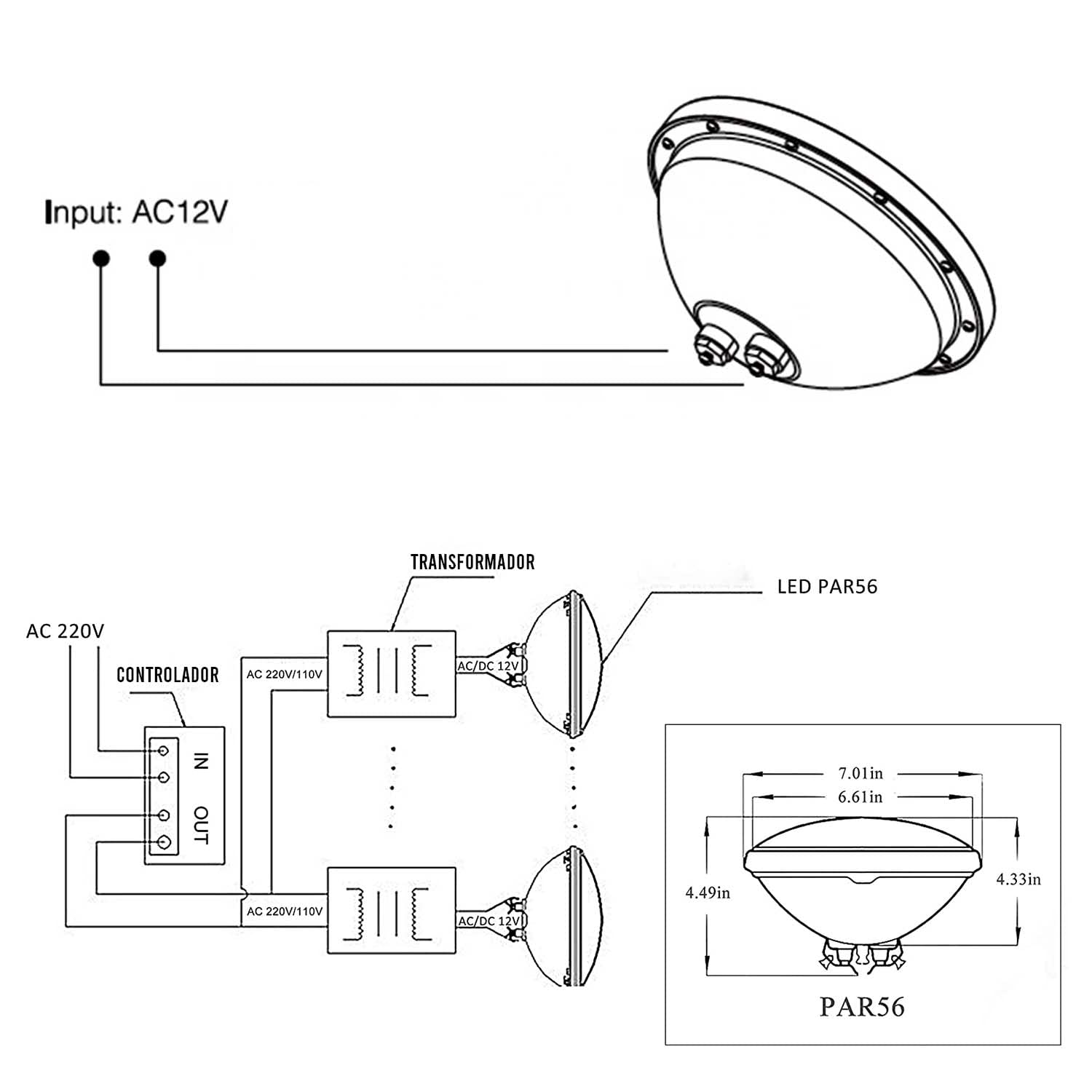 Bombilla Piscina LED Sumergible PAR56 35W 12V 6000K para empotrar Lámpara de luz subacuática para piscina, Luz blanca impermeable para estanque de piscina interior al aire libre