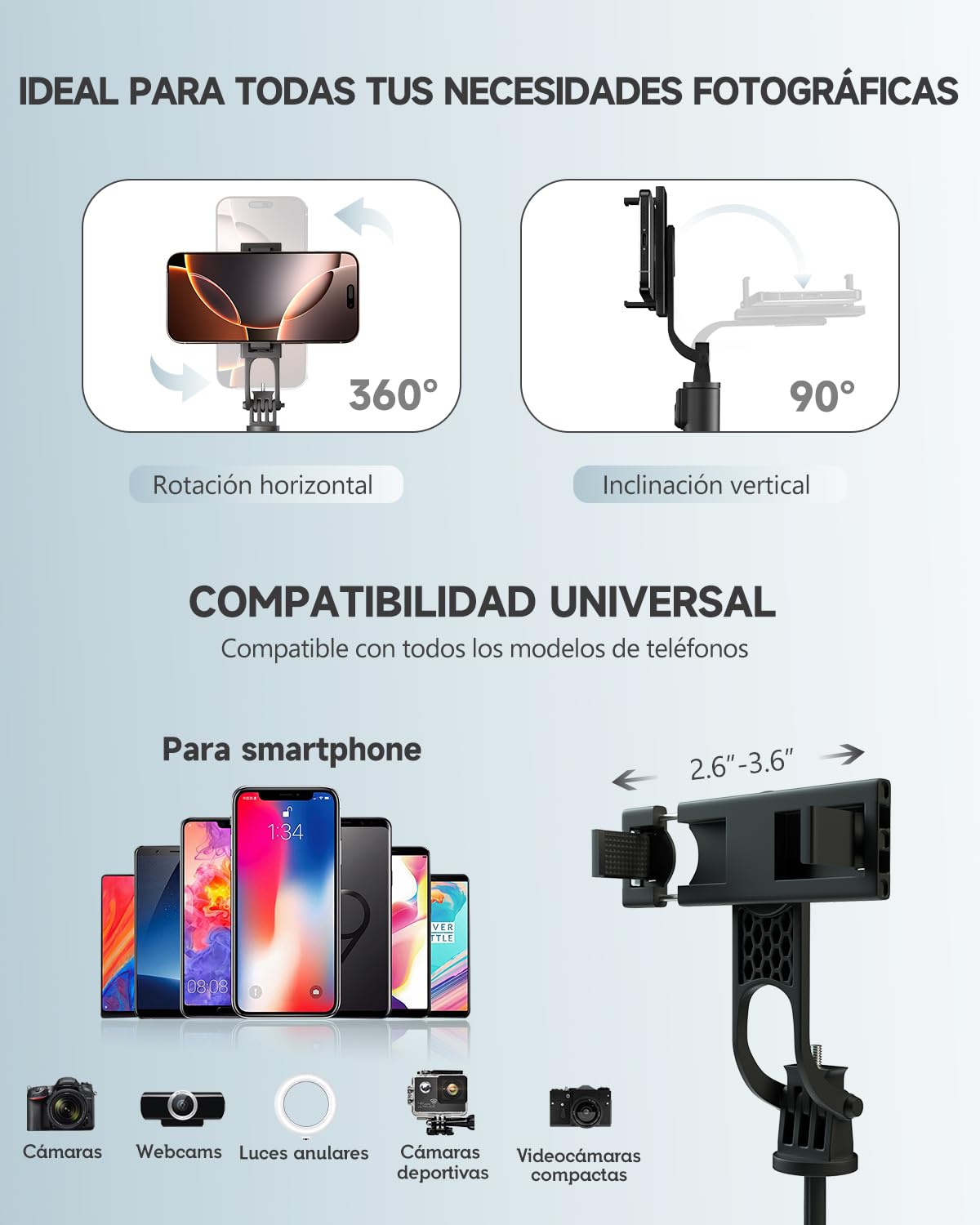 RISEOFLE 180cm Tripode para Movil & Palo Selfie - Tripode Movil Extensible Portátil con Mando Inalámbrico, Compatible con iPhone/Samsung/GoPro/Cámaras — view 5