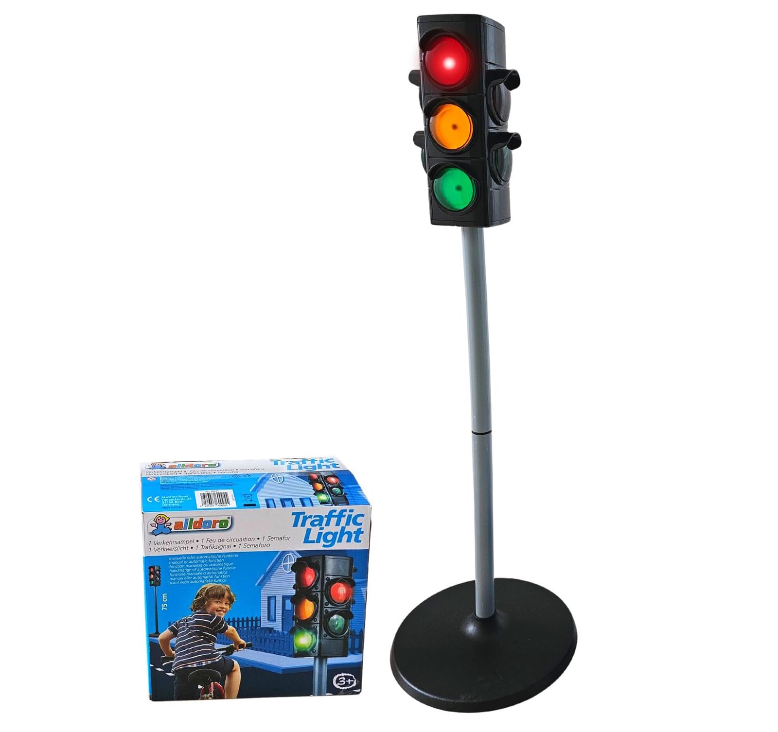 alldoro 60095 Verkehrsampel, Ampel für Kinder mit breitem Fuß, ca. 75 cm hoch, mit 2 Fahrzeug-und 2 Fußgängerampeln, batteriebetrieben, 2 Leuchtmodi und Schalter