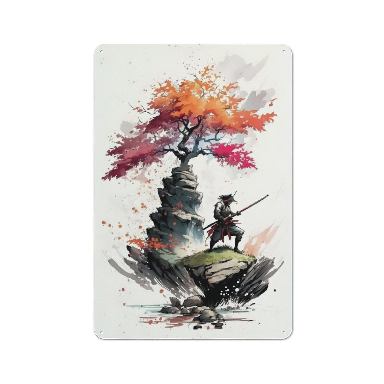 Junmoney Cherrry Blossom And Samura Rustic Tin Wall Plaque 30X20cm For Guest Room Or Hallway, For Garage, Workshop And Man Cave Decoration