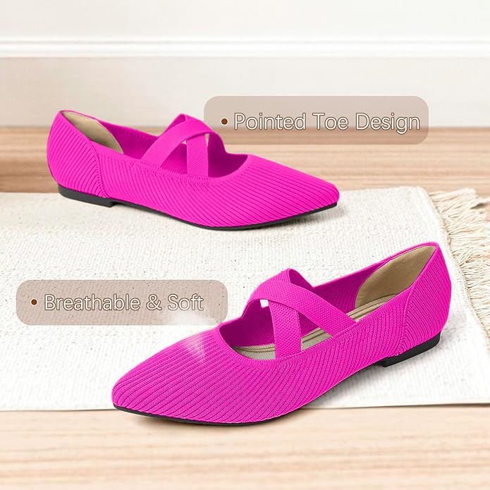 Image of TINGRISE Womens Mary Jane Flats Knit Ballet Flats for Women Pointed Toe Dressy Comfortable Slip-On Flats Shoes for Work Casual