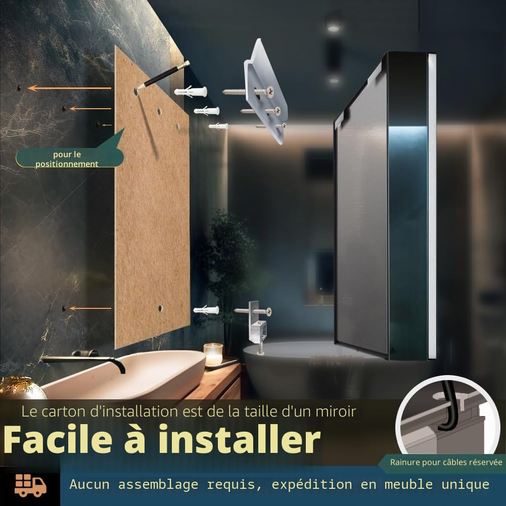 KWW LED éclairage Salle de Bains Armoire à Pharmacie avec Miroir, Température de Couleur réGlable, Anti - Buée Gradateur, Prise et USB, Armoire à Pharmacie Miroir Mural (2 portes-80×70)
