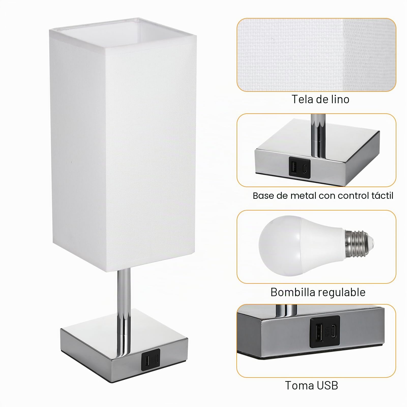 Jemora 2 Paquetes de lámpara de mesita de Noche de Tela con Bombilla LED Blanca cálida, luz de Escritorio, Control táctil, Puertos de Carga USB A Tipo C, 3 Niveles Regulables para Sala de Estar,