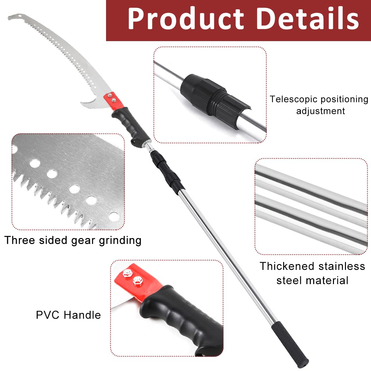 Optifit® Telescopic Manual Pruning Saw - 9.8FT Extendable Stainless Steel Pole Saw with Curved Hooked Blade - Manual Tree Pruner for Thick Branches - Image 3 thumbnail
