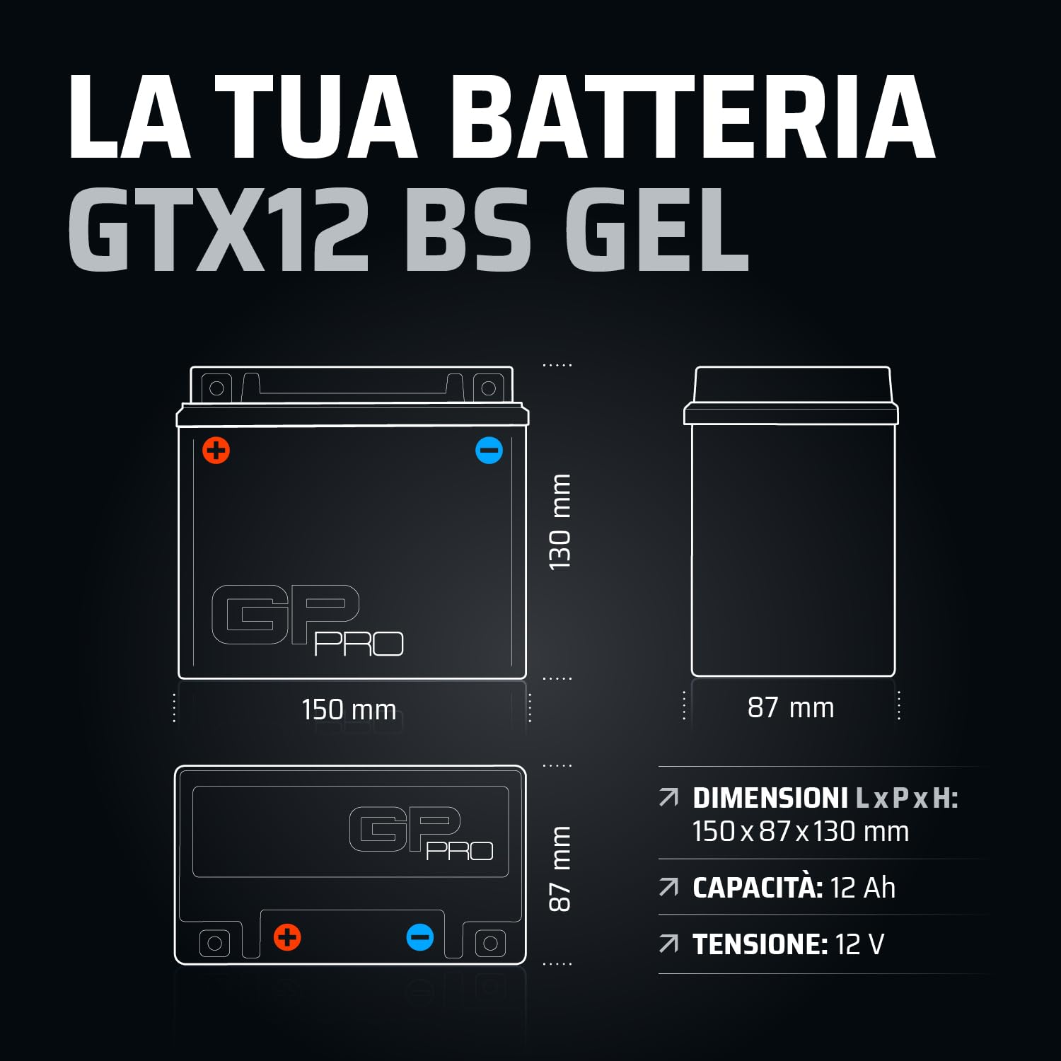 GP-PRO GTX12-BS 12V 12Ah GEL Batteria di avviamento (compatibile con YTX12-BS / 51012) (Esente da manutenzione/Sigillato) Moto Accumulatore